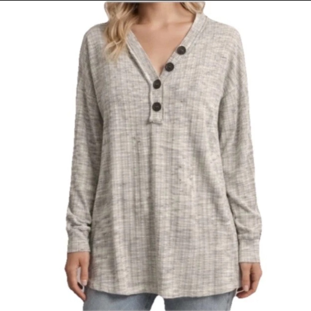Hailey & Co. Gray Waffle Knit Henley Long Sleeve Casual Cozy Shirt
